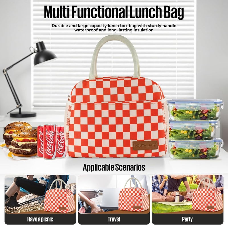 douyadady Lunch Bag Women/Men Lunch Box Women/Men (Red+Beige Checkerboard) - Image 3